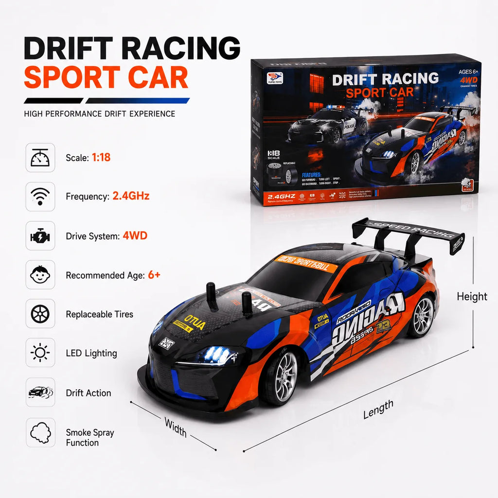 1:18 RC Drift Racing Sports Car with LED Lights & Smoke Effect