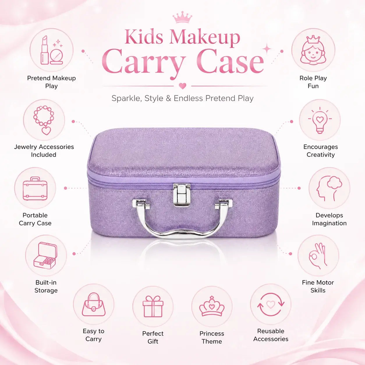 Girls Pretend Makeup Kit & Jewelry Carry Case